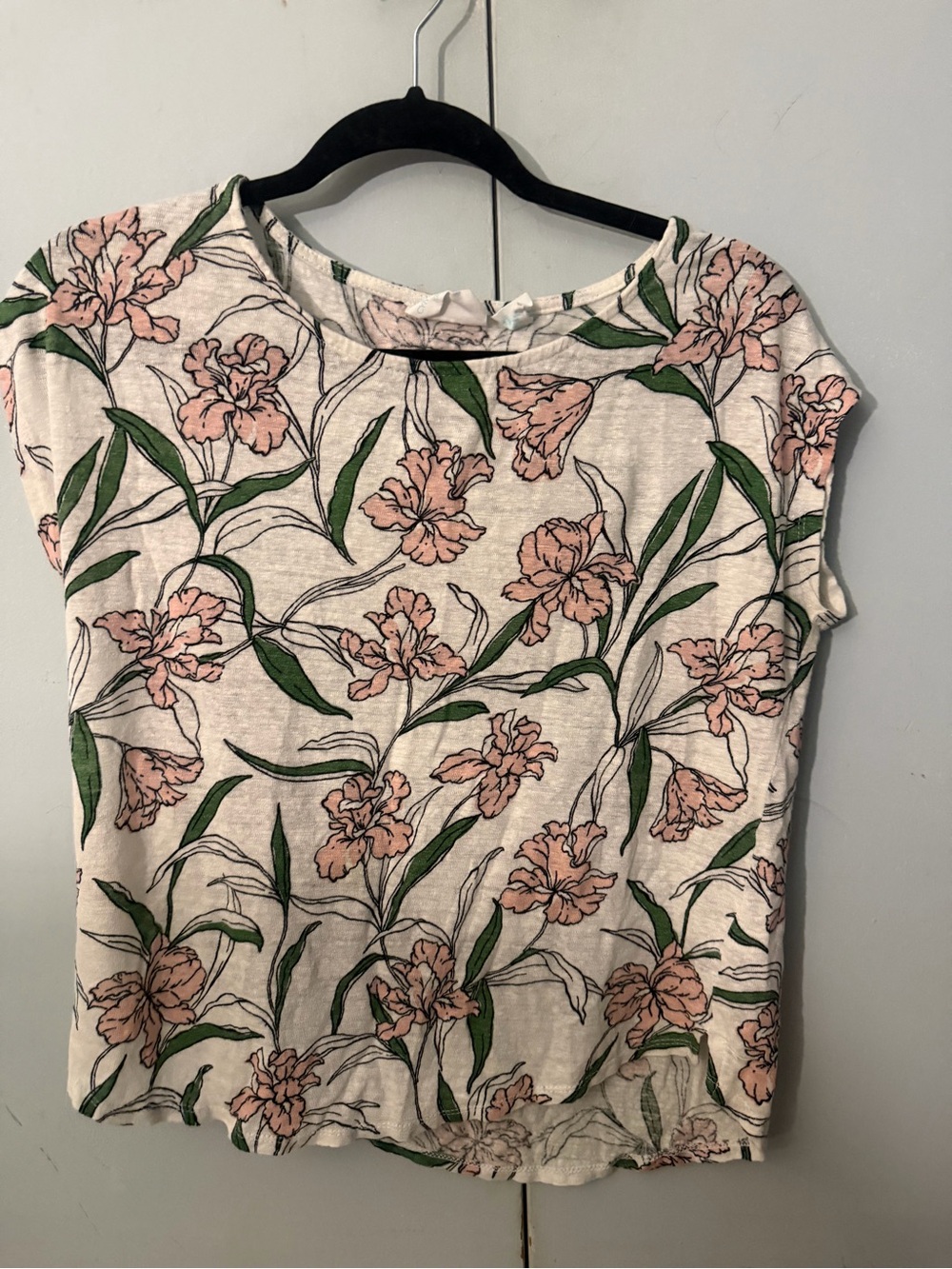Cynthia Rowley 100% Linen Floral Short Sleeve Top Pink Green